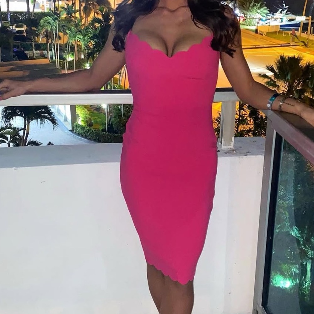 Hot pink midi bodycon dress scalloped spaghetti
